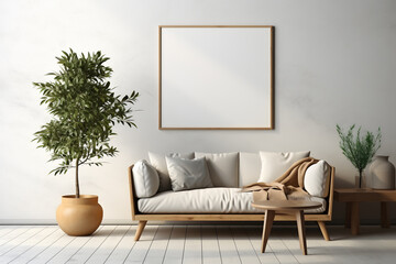Modern living room interior with mock up poster frame, sofa and plants. 3d render. ia generated
