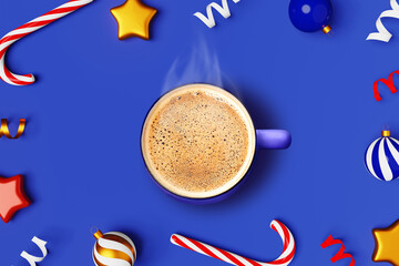 Steaming Christmas coffee cup with foam on blue background ornaments candy cane website banner design. Hot chocolate drink mug. Social media advertising creative content. Cappuccino Cocoa Latte sale