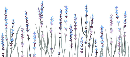 Seamless summer floral border of watercolor hand drawn elements, not AI. Delicate lavender branches isolated on a transparent background. For textile and cosmetic design.