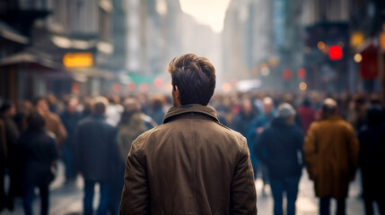 A man walks down the street with people. AI Generated