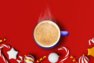 Steaming Christmas coffee cup on red background golden ornaments stars candy cane website banner design. Hot chocolate drink mug. Social media advertising creative content. Cappuccino Cocoa Latte sale