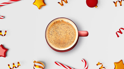 Steaming Christmas coffee cup foam on white background golden ornaments candy cane website banner design. Hot chocolate drink mug Social media advertising creative content. Cappuccino Cocoa Latte sale