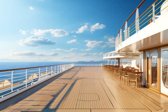 Empty open deck on a cruise ship on the sea in a sunny day