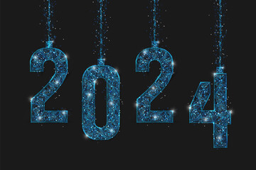 Abstract isolated blue image of new year number 2024. Polygonal low poly wireframe illustration looks like stars in the blask night sky in spase or flying glass shards. Digital web, internet design. © Katsiaryna