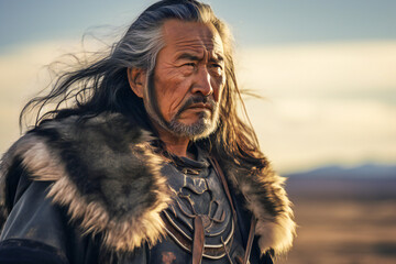 An old Mongol warrior in the mongolian steppe - obrazy, fototapety, plakaty