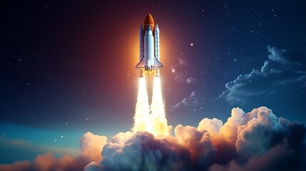 Rocket launching into the night sky with stars and smoke. Creative concept of space exploration and travel. Copy space for text and design. - obrazy, fototapety, plakaty