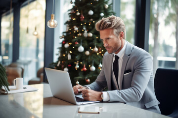 Business professional working on laptop in office lobby at Christmas