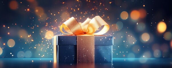 Perfect present gift in style of box with christmas bokeh lights, panorama. Generative Ai - obrazy, fototapety, plakaty