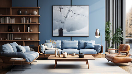 blue hues living room with minimalistic furniture