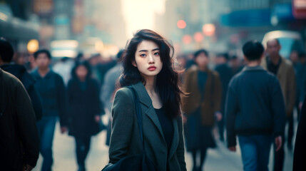 Asian a woman walks down the street with people. AI Generated
