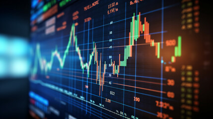 Laptop with business chart at modern workplace. Finance and report concept.