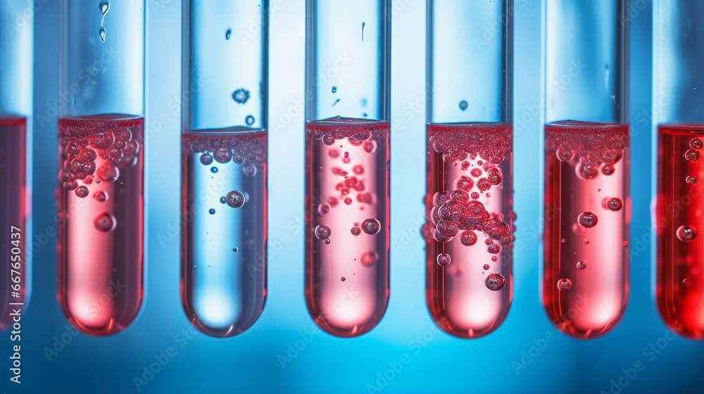 Poster close-up of test tubes with droplets of blue and red liquid in a laboratory setting