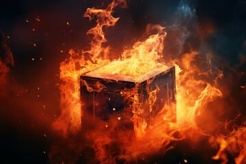 Glowing Fire cube background. Red flame light. Generate Ai