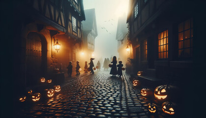 Halloween scene: cobblestone street in a medieval village, lit only by the glow of jack-o'-lanterns. Silhouettes of children in costumes can be seen trick-or-treating, and a hazy fog envelops the scen