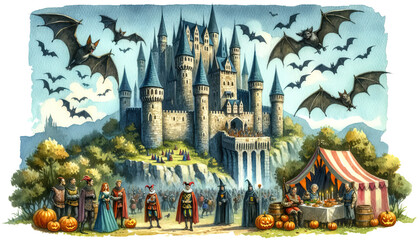 Ancient castle on a cliff, with bats swarming out of its towers. Below, villagers in medieval attire celebrate Halloween with a grand feast, while jesters and minstrels entertain. - obrazy, fototapety, plakaty
