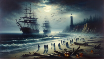 Digital oil painting of a coastal scene during a Halloween night. Eerie shipwrecks are visible near the shore, and ghostly sailors wander the beach. In the distance, a lighthouse casts a dim light