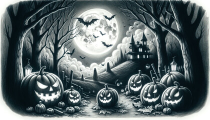 Pencil sketch of a spooky Halloween scene with a full moon illuminating a dark forest. In the foreground, carved pumpkins emit a soft glow, and ghostly figures can be seen in the distance