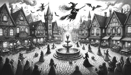 Pencil sketch of a lively Halloween village square where supernatural beings gather. Witches on broomsticks soar above, and ghouls roam the cobbled streets