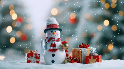 Fototapeta premium Merry Christmas Greeting with Cute Snow Man Giving Gift in Outdoor For Winter Holiday Eve Background Selective Focus