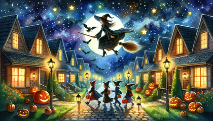 Digital watercolor painting of a witch flying on her broomstick across a starry night sky. Below her, children dressed in various Halloween costumes walk down a lantern-lit path, trick-or-treating