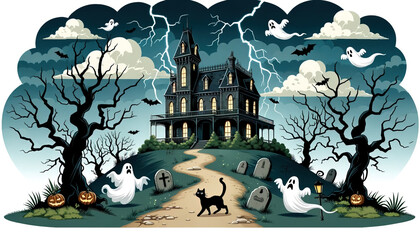 Illustration of a haunted mansion on a hill with dead trees surrounding it. Ghosts and ghouls roam the grounds, and a black cat crosses the path