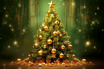 Festive fir tree adorned with green and golden Christmas decorations. Generative AI