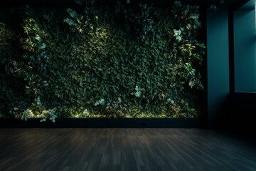Presentation with leaf backdrop and green wall. Generative AI