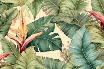 Luxurious tropical pattern with pastel banana leaves, palm, and colocasia. Hand-drawn vintage design for wallpapers, fabric, and murals. Generative AI