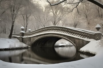 Bridge winter scene at Central Park, NYC. Generative AI - obrazy, fototapety, plakaty