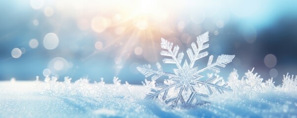 Fototapeta na wymiar Macro view on snowflake with white winter landscape, panorama banner. Generative Ai.