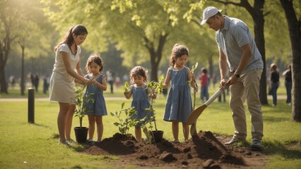 Parents with children plant new trees in the park