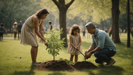 Parents with children plant new trees in the park