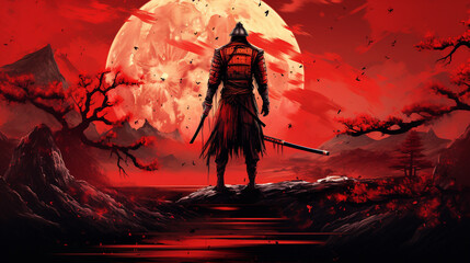Silhouette of a samurai posing during sunset. Warrior sword in silhouette art style with sakura tree and mountains.