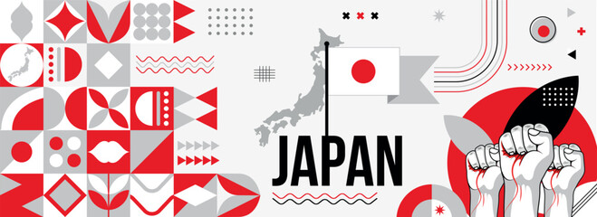 Japan national or independence day banner for country celebration. Flag and map of Japan with raised fists. Modern retro design with typography abstract geometric icons . Vector illustration.