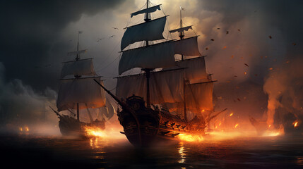 fighting pirates ship on the sea - obrazy, fototapety, plakaty