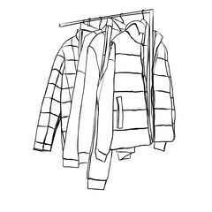 Hand drawn wardrobe sketch. Clothes on the hanger