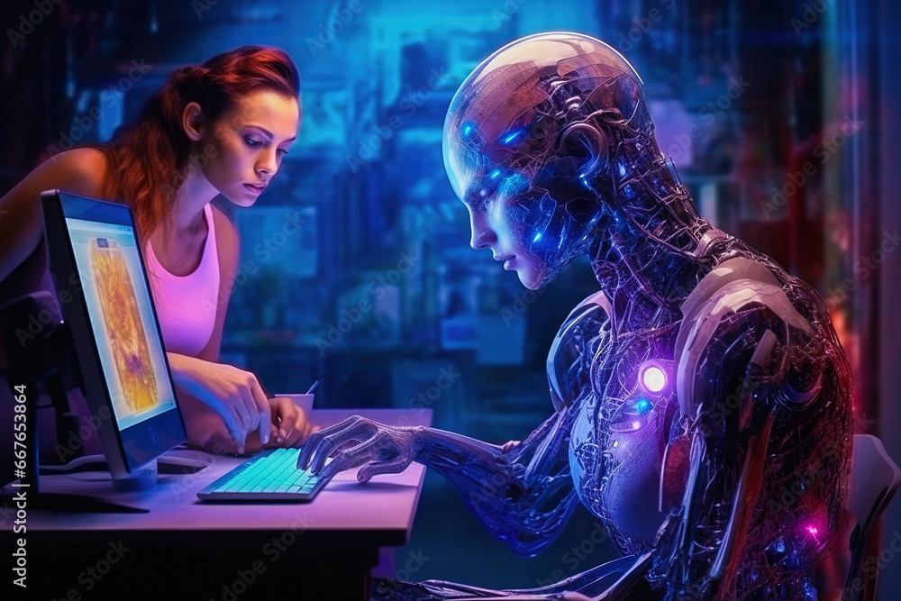 Poster a humanoid robot works on the computer with the girl.