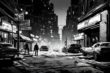 A comic strip in the style of Frank Miller, depicting a gritty urban scene, bold black and white contrasts, intense expressions, dramatic lighting, and a noir atmosphere