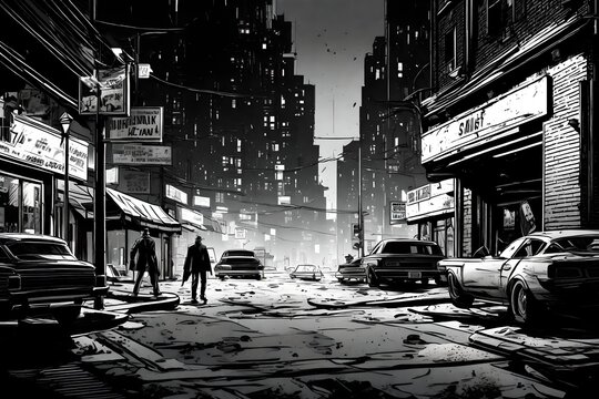 Fototapeta A comic strip in the style of Frank Miller, depicting a gritty urban scene, bold black and white contrasts, intense expressions, dramatic lighting, and a noir atmosphere