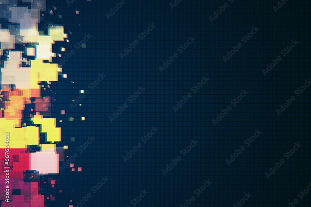 Poster Creative pixels on abstract dark blue background with mock up place. Landing page and innovation concept. 3D Rendering.