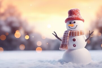 Happy smilling snowman with white snowing winter ladscape. Generative Ai.