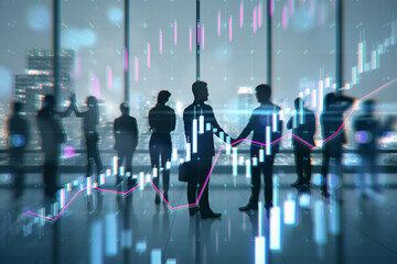 Businesspeople silhouettes on blurry office interior backdrop with city view and forex chart....