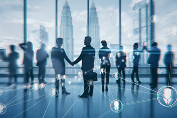 Businesspeople silhouettes on blurry office interior backdrop with city view and network lines. Teamwork, CEO, success and finance concept. Double exposure.