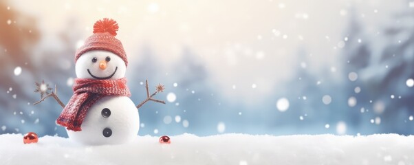Fototapeta premium Happy smilling snowman with white snowing winter ladscape, panorama banner. Generative Ai.
