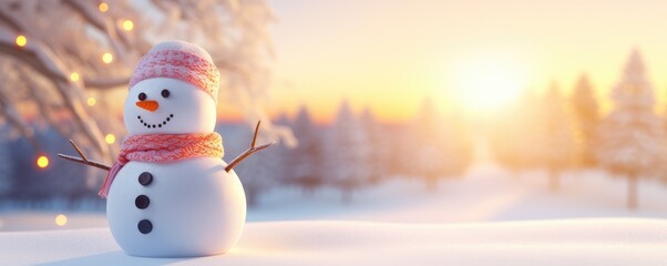 Fototapeta premium Happy smilling snowman with white snowing winter ladscape, panorama banner. Generative Ai.