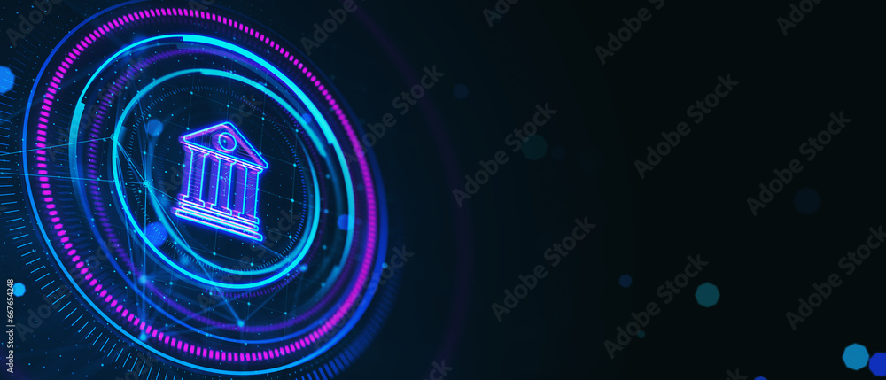 Poster Creative glowing round polygonal button with bank on dark background with mock up place. Online banking and money concept. 3D Rendering.