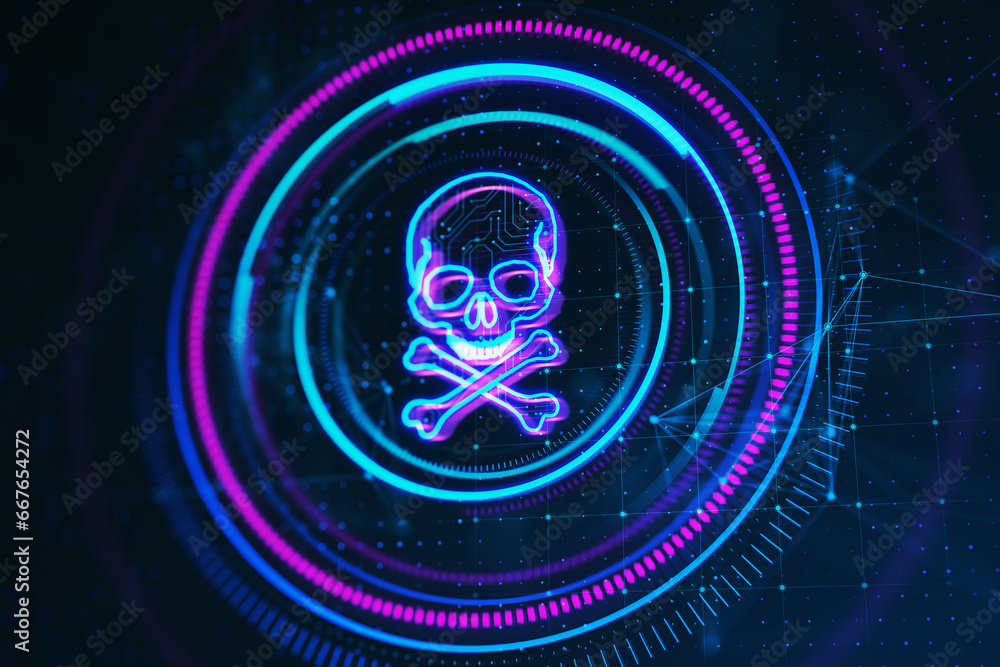 Poster Creative digital round skull hologram on dark backdrop. Hacking, piracy and malware concept. 3D Rendering.