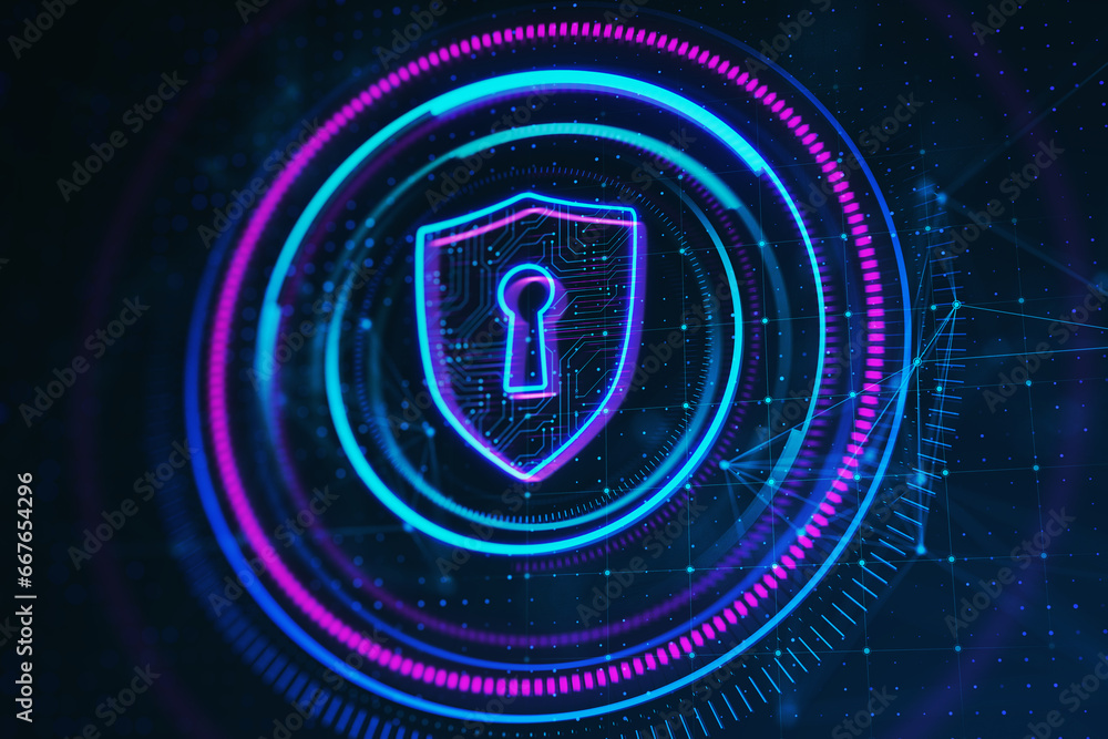 Poster creative digital round polygonal shield button on dark background. secure, safety and web protection