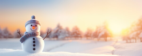 Happy smilling snowman with white snowing winter ladscape, panorama banner. Generative Ai.