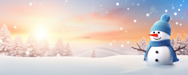 Happy smilling snowman with white snowing winter ladscape, panorama banner. Generative Ai.